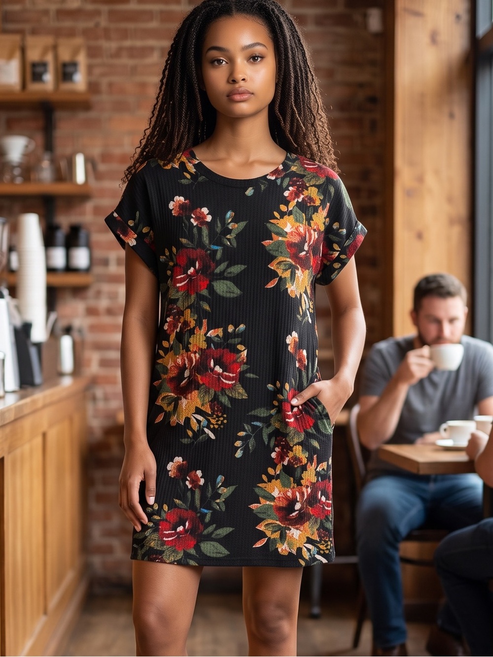 Black Floral Short-Sleeve Mini Dress with Pockets